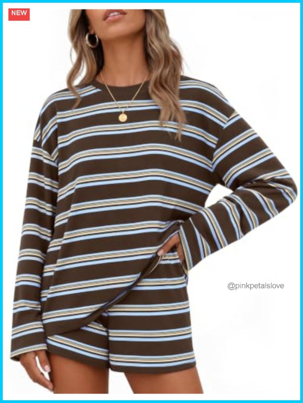 Womens 2 Piece Striped Lounge Set Long Sleeve Top & Shorts Oversized Comfy